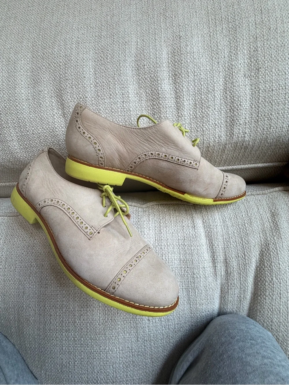 Cole Haan Beige Suede Brogue Oxfords with Lime Green Laces